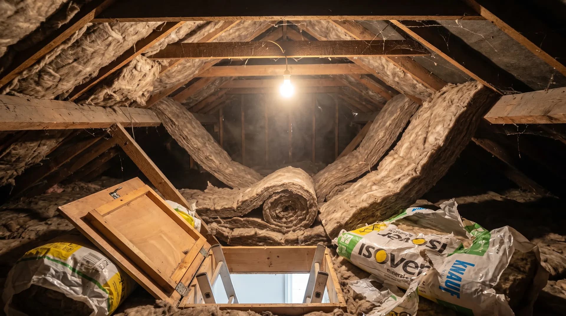 Loft being insulated with mineral wool rolls between and across ceiling joists with insulation packaging and a loft hatch visible